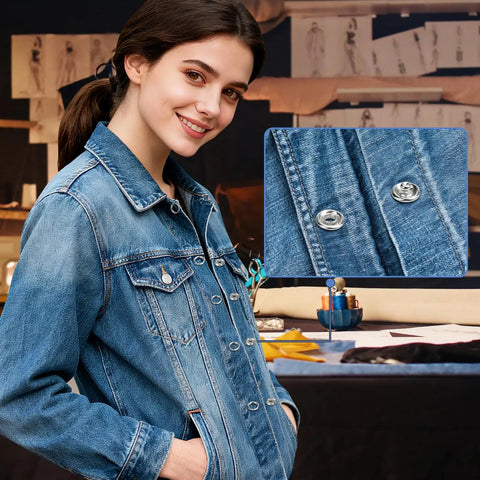 Woman wearing denim jacket with Dope 9.5mm Metal Snap Button Kit With 403 Pieces Silver Hollow Snaps shown installed