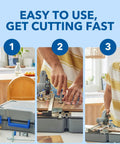 Badass Portable 12V Cordless Circular Saw Station shown in use for precise cutting with miter bevel guide and folding base.