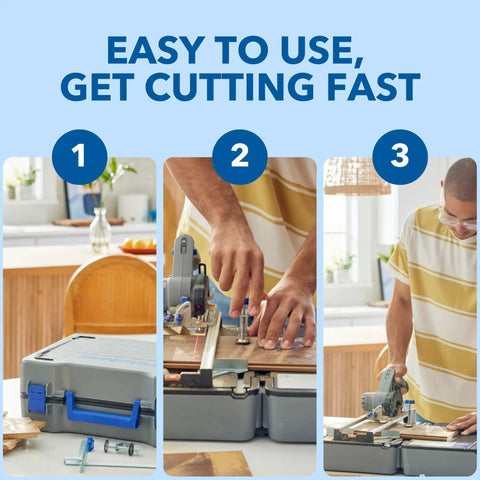 Badass Portable 12V Cordless Circular Saw Station shown in use for precise cutting with miter bevel guide and folding base.