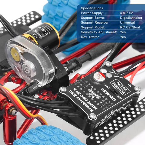 Close-up of Upgrade 30A Brushless ESC And 1621 3500KV Brushless Motor With Transmission Combo Kit installed on SCX24 RC crawler.