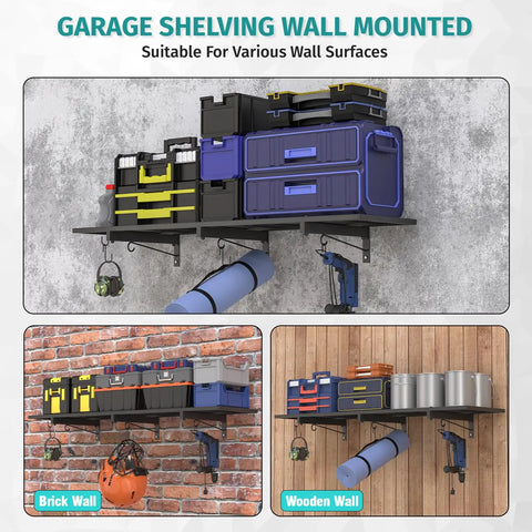 Wall Mounted Storage Shelf 46 Inch By 12.6 Inch Built Tough Heavy Duty Garage Organizer With 180 Lbs Capacity, Floating Rack With Four Hooks, Black Metal Shelf For Basement, Workshop And Tool Room.