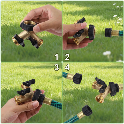 Heavy Duty Brass 2 Way Garden Hose Splitter With 2 Valves And Extra O Rings, Y Splitter Tap Connector For Dual Outlets, Corrosion Resistant, No Fuss Setup For Simultaneous Watering In Multiple Spots. Brass 3/4 in hose splitter on a garden hose