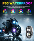 4 LED Cordless Strobe Lights With Remote Control shown on a wet motorcycle, highlighting waterproof feature and color options.
