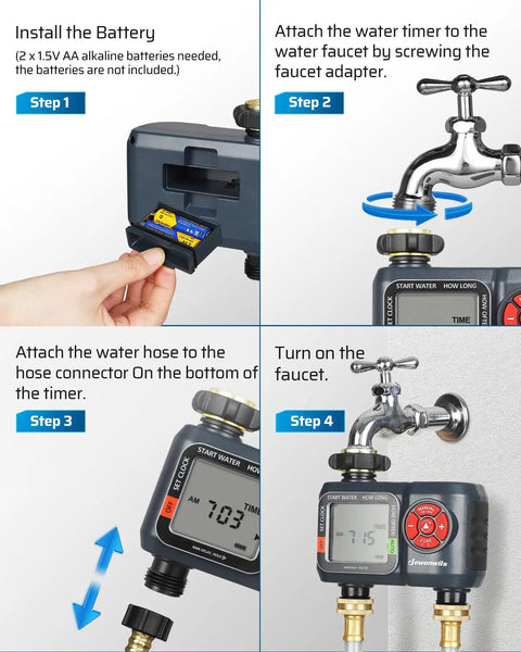 Four-step installation guide for Two Zone Hose Timer With Rain Delay And Manual Watering Programmable Sprinkler Timer For Garden And Yard Auto Irrigation For Lawn Easy To Read Lcd Quick Setup Flexible Scheduling For Any Sprinkler System showing battery installation, faucet attachment, hose connection, and activation.