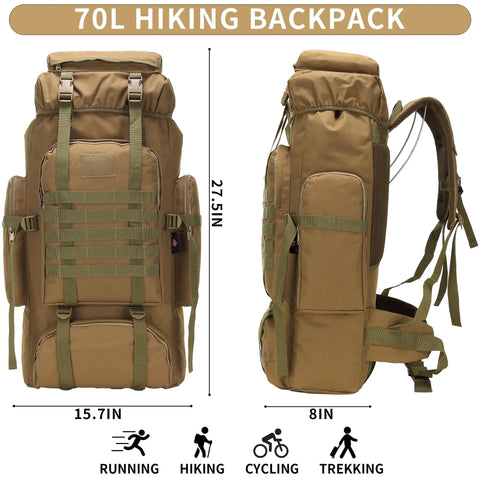 Front and side view of Beefy 70 Liter And 100 Liter Hiking Backpack For Men, Military Style Rucksack With Molle System, 3 Day Assault Pack