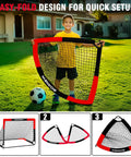 Child holding 2 Pack 4 By 3 Foot Pop Up Soccer Goals For Backyard And Indoor Play Kids Youth And Adult Training Equipment Portable Nets With Ground Nails And Carry Bag Gift For Ages 3 To 16