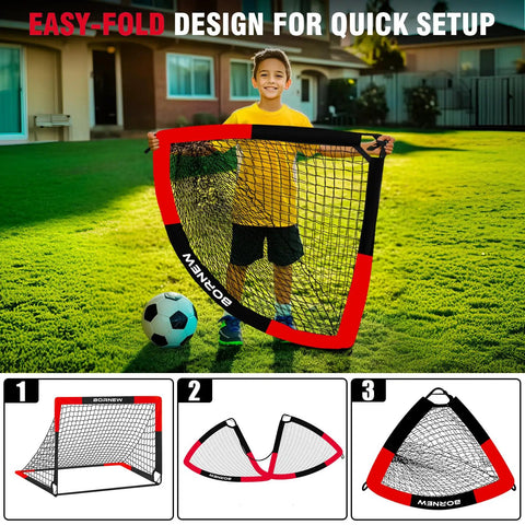 Child holding 2 Pack 4 By 3 Foot Pop Up Soccer Goals For Backyard And Indoor Play Kids Youth And Adult Training Equipment Portable Nets With Ground Nails And Carry Bag Gift For Ages 3 To 16