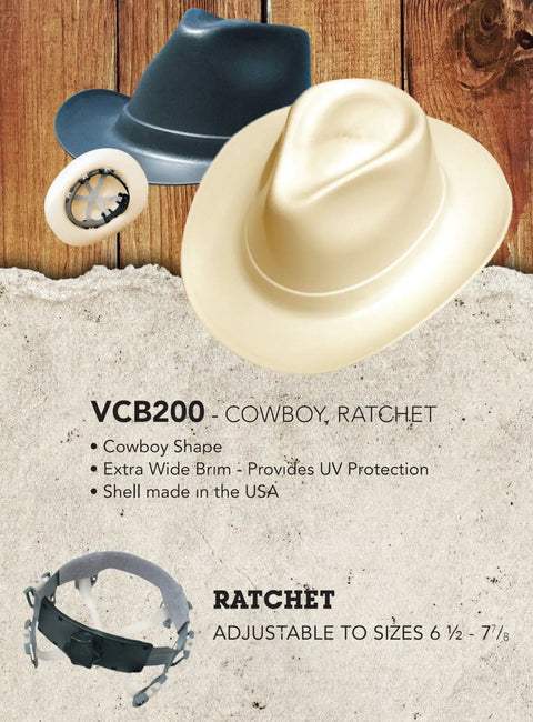Vulcan Cowboy Style Hard Hat With Six Point Deluxe Nylon Ratchet Suspension And Front Cotton Sweatband ANSI Z89 1 Type 1