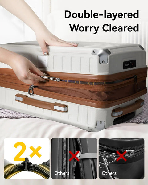 Expandable Carry On Luggage 22x14x9 Inches With Spinner Wheels 20 Inch Hard Shell Suitcase in White Brown showing zipper detail