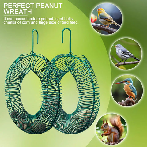 Two Pack Peanut Bird Feeder Set Round Metal Hanging Wreath Style Feeder With Built In Hook For Outdoor Birds And Squirrels