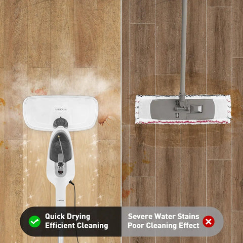 Heavy Hitting 10 In 1 Steam Mop With Detachable Handheld Unit and 3 Reusable Microfiber Pads in action on wood floor.