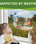 Epic Window Bird Feeder With Five Extra Strong Suction Cups For Outdoors mounted on window with birds, child watching
