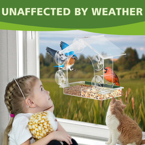 Epic Window Bird Feeder With Five Extra Strong Suction Cups For Outdoors mounted on window with birds, child watching