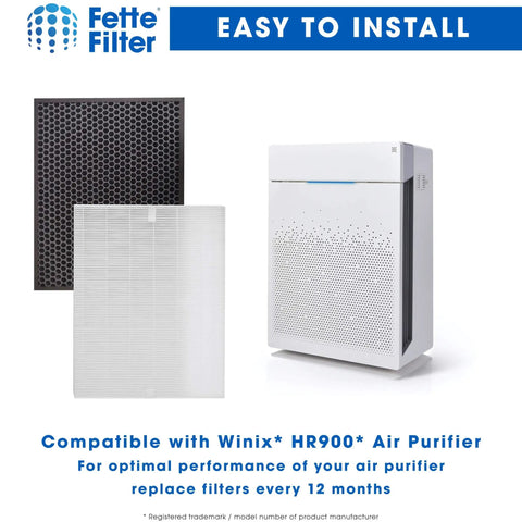 HR900 Premium H13 True HEPA Filter Set for Ultimate Pet Air Purifier T, Top Notch Replacement Filters Pack of 2, Compatible With Winix HR900, Part 1712-0093-00, Keeps Pet Hair and Odors Out and Air Fresh, shown with purifier and black carbon filter.
