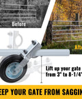 Gate Support Wheel For Metal Tube Gates Six Inch Heavy Duty Farm Caster for swing chain link fence, before and after installation