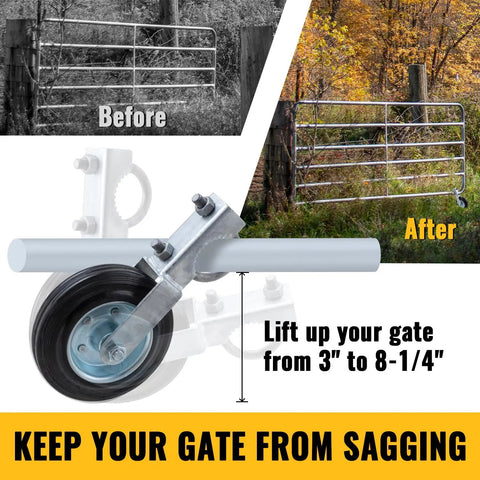 Gate Support Wheel For Metal Tube Gates Six Inch Heavy Duty Farm Caster for swing chain link fence, before and after installation
