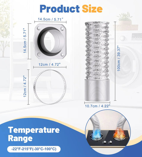 Diagram showing Magnetic Dryer Vent Kit With Quick Connect For Easy Snap On And Off, Airtight Seal, 4 Inch Extendable Flexible Duct Hose