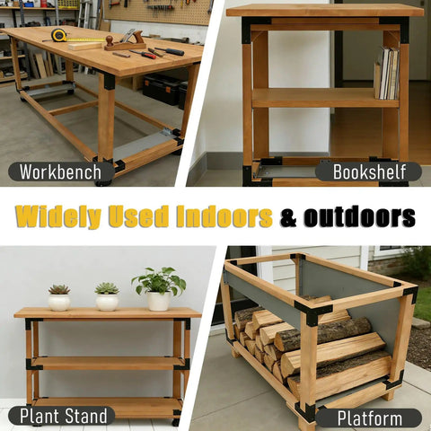 Various DIY projects using Beefy 8 Pack Workbench Corner Brackets Kit For DIY Tables And Shelves with 2x4 steel L brackets.