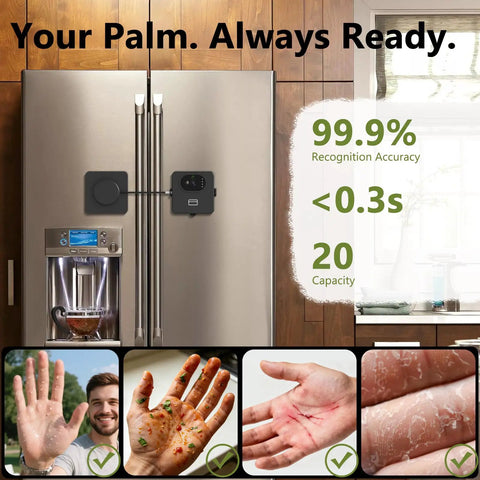 Palm Vein Fridge Lock With App Control on stainless steel fridge, shows wet hands example with 99.99% recognition accuracy