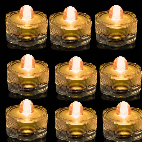 Nine amber LED floral tea lights submersible for party and wedding 20 pack waterproof battery-operated mood lights on display