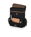 Premium Three Bottle Insulated Wine Carrier Featuring Engraved Cheese Board Precision Knife And Reliable Corkscrew Built For Quick Getaways Or Chilled Backyard Kickbacks In Sophisticated Matte Black, showing front pockets with tools.