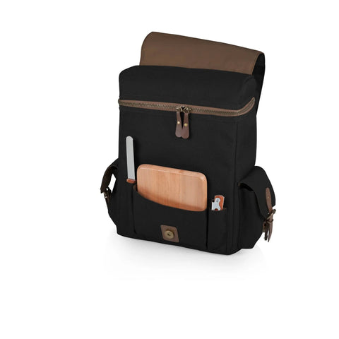 Premium Three Bottle Insulated Wine Carrier Featuring Engraved Cheese Board Precision Knife And Reliable Corkscrew Built For Quick Getaways Or Chilled Backyard Kickbacks In Sophisticated Matte Black, showing front pockets with tools.