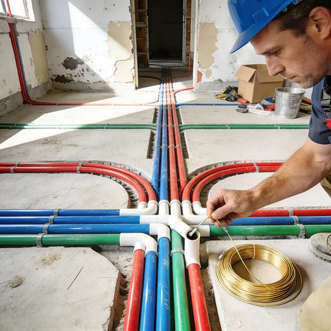 High Grade Spring Steel Fish Tape Wire Puller For Drywall And Concrete Conduit 16 4 Foot Slick Wire Snake in use for cable routing.