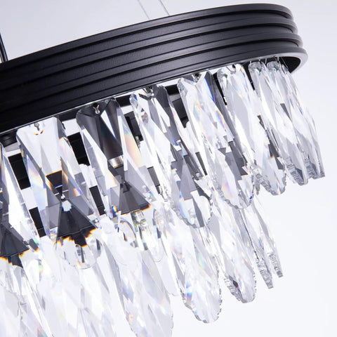Bold Black Drum Polygon Crystal Chandelier, 4 Light Modern Ceiling Fixture With Sleek Matte Black Finish close-up of crystal detail