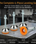 Bulletproof Heavy Duty Adjustable Leveling Feet For Machinery And Cabinets M10 Thread 1100 Lb Capacity Four Pack showing carbon steel construction and anti-skid base.