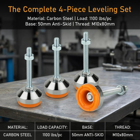 Bulletproof Heavy Duty Adjustable Leveling Feet For Machinery And Cabinets M10 Thread 1100 Lb Capacity Four Pack showing carbon steel construction and anti-skid base.