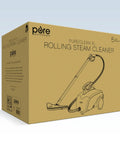 Straight Shooter Rolling Steam Cleaner With A Massive 1.5L Tank And 17 Nifty Attachments, shown in packaging design.