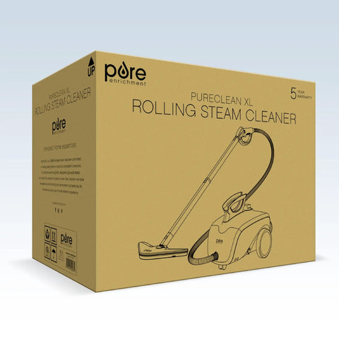 Straight Shooter Rolling Steam Cleaner With A Massive 1.5L Tank And 17 Nifty Attachments, shown in packaging design.