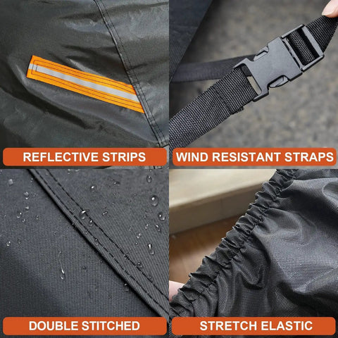 7 Layer Heavy Duty Car Cover For Jeep Wrangler 4 Door JK JL Unlimited Outdoor All Weather Waterproof Rain Sun UV Protection Frost Snowproof Inner Soft Lining Black Beefed Up Rugged Protection showing reflective stripes, wind resistant straps, double stitching, and stretch elastic features.