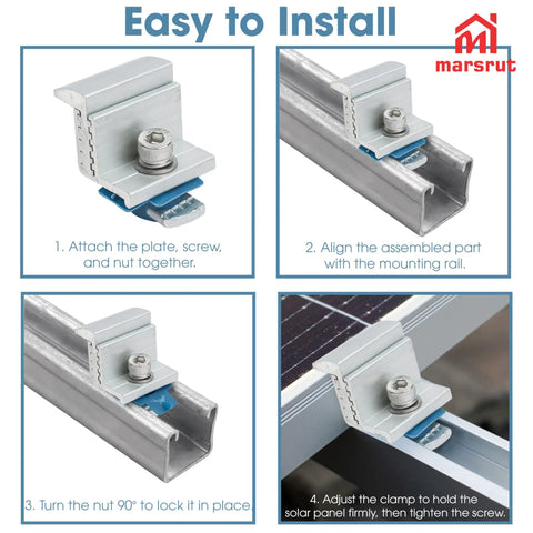 10 Pack Heavy Duty Solar Panel End Clamp Brackets installation steps with adjustable aluminum components for RV and PV use.