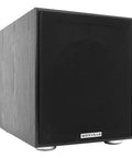 Front view of Shaker 8 Inch Powered Subwoofer With 400W Peak 200W RMS Class D Amplifier, black MDF cabinet.