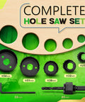 Complete hole saw set with saw sizes, mandrel, and hex key for 8 Piece Hole Saw Kit With Case 1 To 2 1/8 Inch Hole Saws for wood, PVC, drywall.