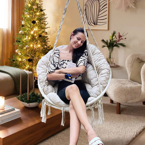 Cozy Macrame Hammock Chair With Thick Comfy Cushion And Hanging Hardware Kit Bohemian Cotton Rope Swing Indoor Use