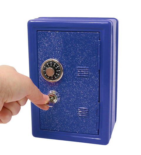 Hand turning key in a Metal Kids Safe Bank with Key and Combination Lock in Blue, Durable Mini Lockbox for Kids
