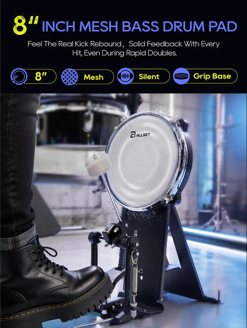 8 inch mesh bass drum pad with pedal from 700 Professional Electric Drum Set With Realistic Mesh Pads And 10 Inch Dual Zone Snare 30 Kits And 600 Plus Sounds Two Pedals Throne Headphones Drumsticks And Melodics Lessons White, demonstrated by foot.