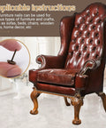Knockout Bronze Upholstery Tacks For Couch Repairs And DIY Crafts, showing couch and a hand holding a bronze thumb pin.