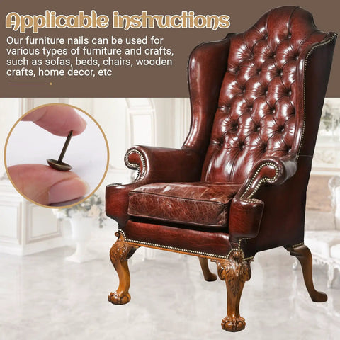 Knockout Bronze Upholstery Tacks For Couch Repairs And DIY Crafts, showing couch and a hand holding a bronze thumb pin.