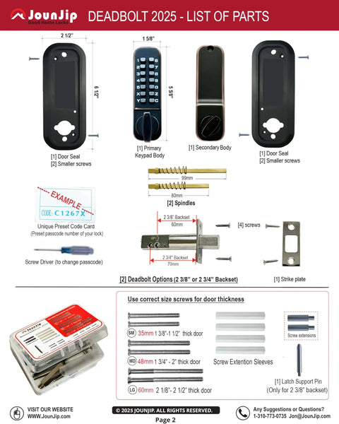 Components list for Upgraded 2025 Mechanical Deadbolt Lock With Thumb Turn And Flat Spindle No Battery Needed Keyless Entry Oil Rubbed Bronze Finish.