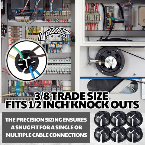 100 Pack Three Eighth Inch Button Connectors For Non Metallic NM Cable Push In Quick Install Fits One Half Inch Knockouts black plastic in electrical panel