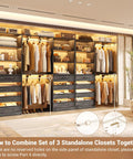 Rock Solid Black Oak L Shaped Closet Organizer System With Twelve Super Spacious Drawers And Four Expandable Hanging Rods makes walk-in storage functional with multiple garments displayed.