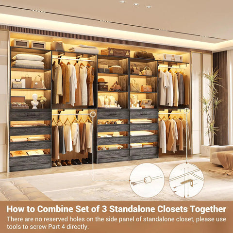 Rock Solid Black Oak L Shaped Closet Organizer System With Twelve Super Spacious Drawers And Four Expandable Hanging Rods makes walk-in storage functional with multiple garments displayed.