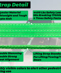 Green lift sling straps close-up with text on material and safety specs; Lift Sling Straps 2 Inch By 6.5 Foot Web Sling Set With D Ring Shackles