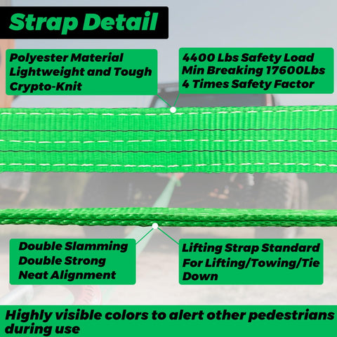 Green lift sling straps close-up with text on material and safety specs; Lift Sling Straps 2 Inch By 6.5 Foot Web Sling Set With D Ring Shackles