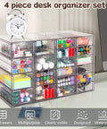 Clear Acrylic Desk Organizer With 20 Drawers In 4 Set Storage System For Office Supplies Makeup And Craft Storage Transparent Cosmetic Organizer Easy Access Desktop Drawer Box on desk with stationery items visible inside drawers.