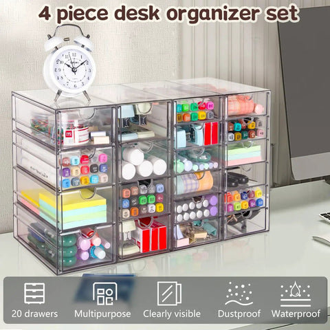 Clear Acrylic Desk Organizer With 20 Drawers In 4 Set Storage System For Office Supplies Makeup And Craft Storage Transparent Cosmetic Organizer Easy Access Desktop Drawer Box on desk with stationery items visible inside drawers.