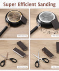 Assorted Grit Sanding Sponge Set For Handy Projects, Flexible Reusable Sanding Blocks in 60 80 120 220 Grits, before and after use on pan and scissors